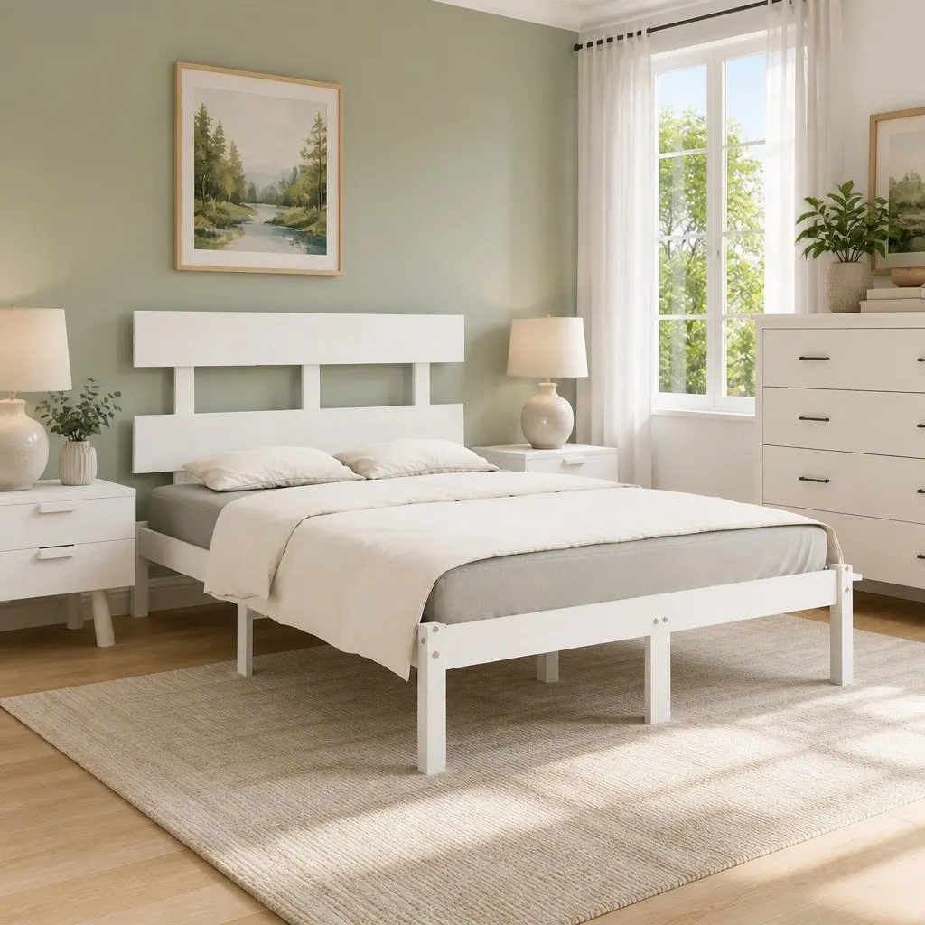 King Bed Frame in White Solid Pine Wood 183x203 cm