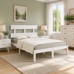 King Bed Frame in White Solid Pine Wood 183x203 cm
