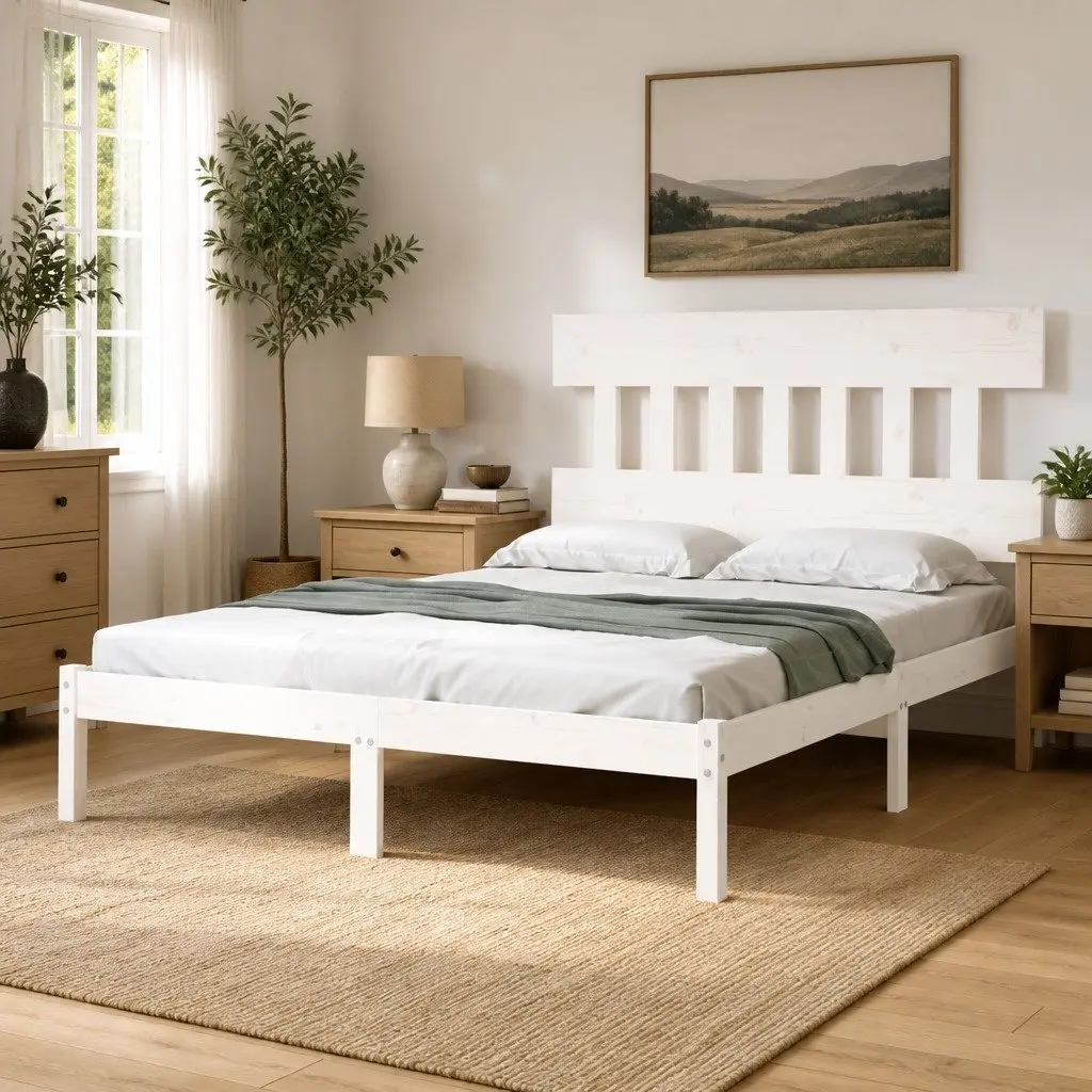 King Bed Frame 183x203 cm in White Solid Pine