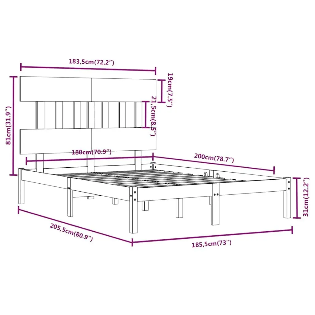 King Bed Frame 183x203 cm in White Solid Pine