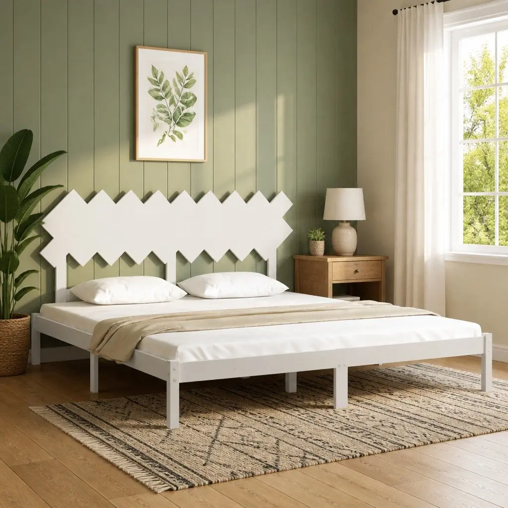 White Solid Pine Wood King Bed Frame with Headboard