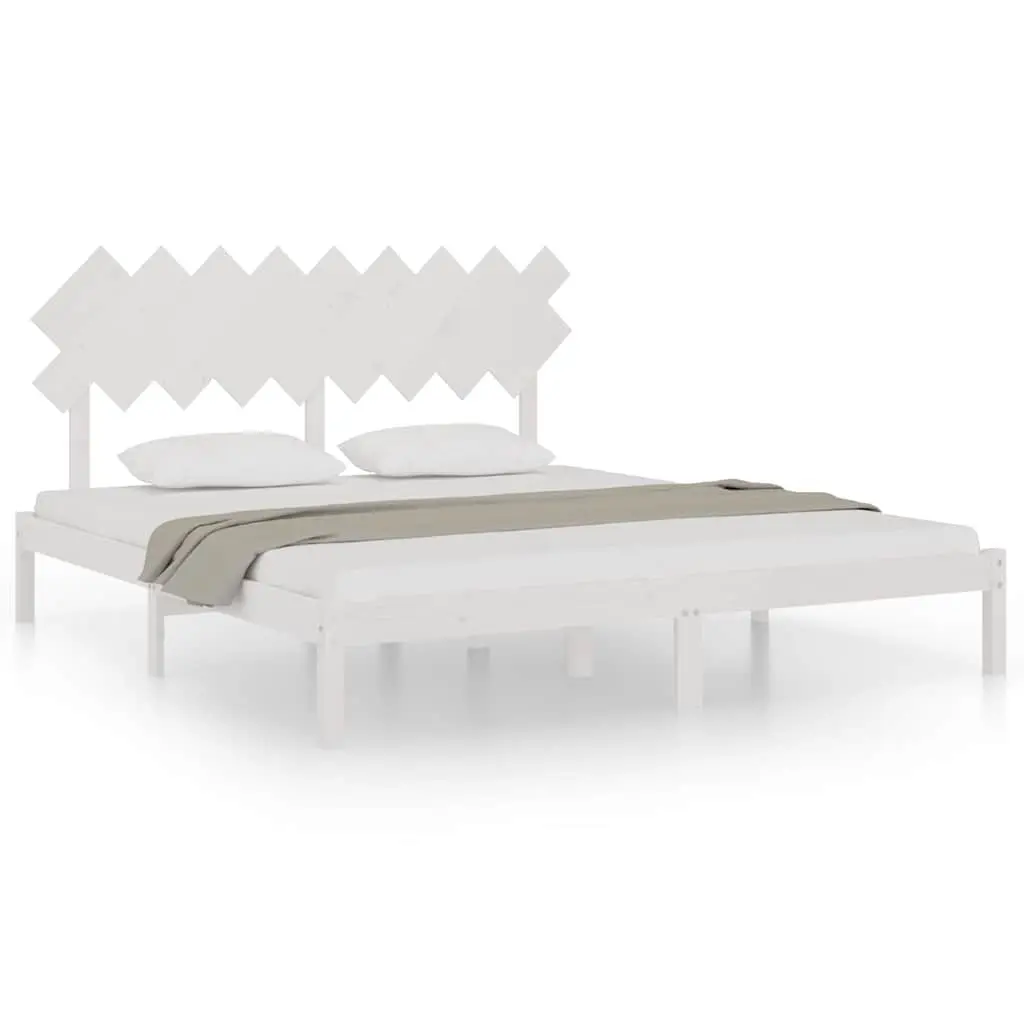 White Solid Pine Wood King Bed Frame with Headboard