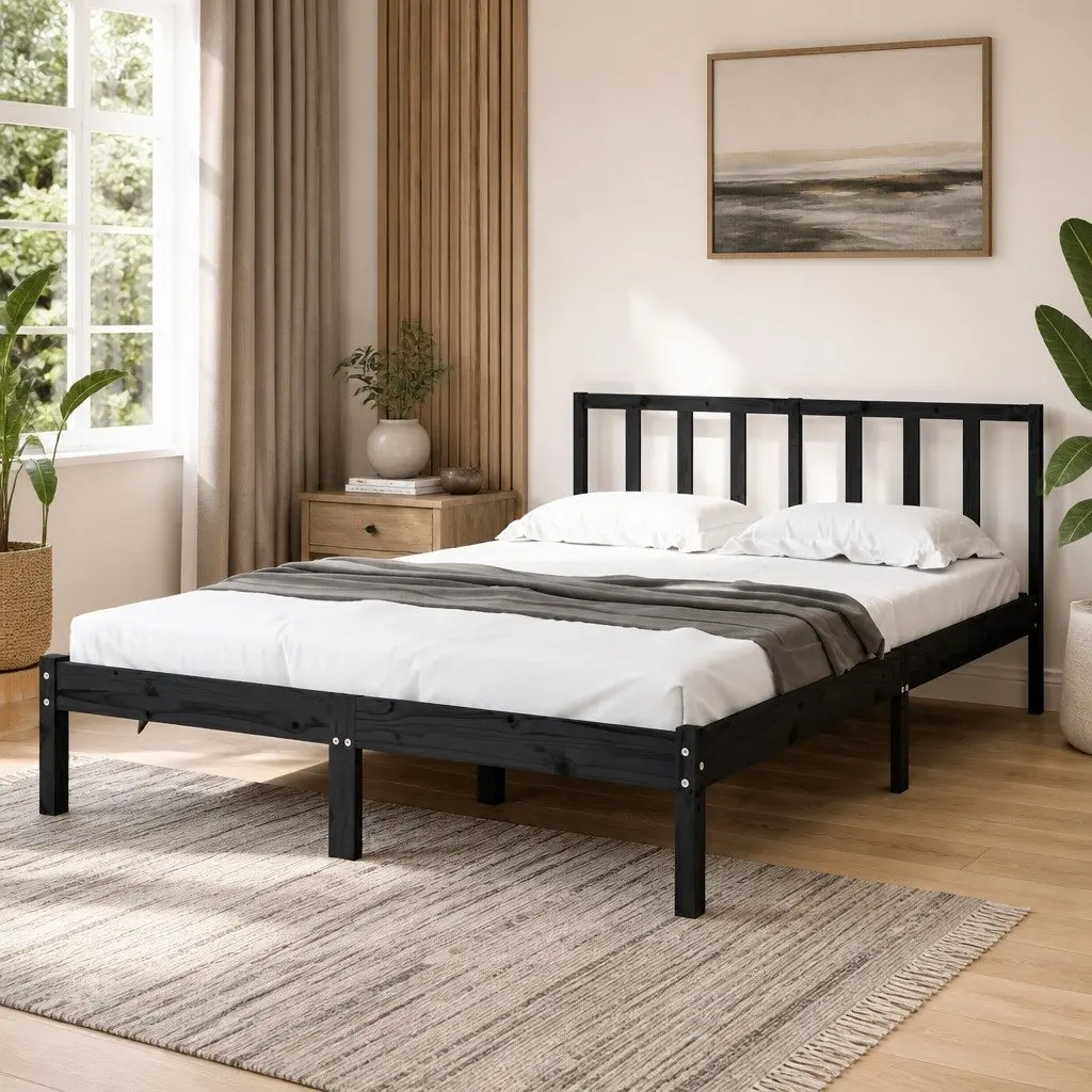 Bed Frame Black 135x190 cm Solid Pine Wood Bedroom Furniture Headboard Support