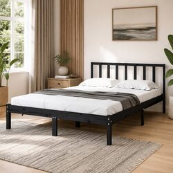 Black Solid Pine Wood Bed Frame 135x190 cm