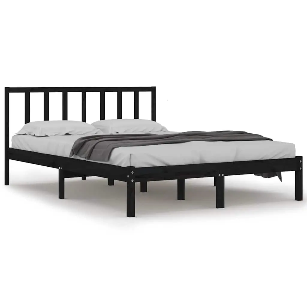 Bed Frame Black 135x190 cm Solid Pine Wood Bedroom Furniture Headboard Support