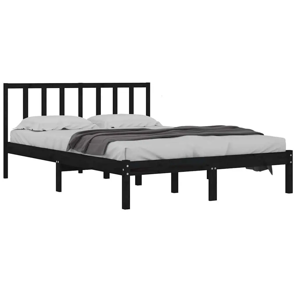 Bed Frame Black 135x190 cm Solid Pine Wood Bedroom Furniture Headboard Support