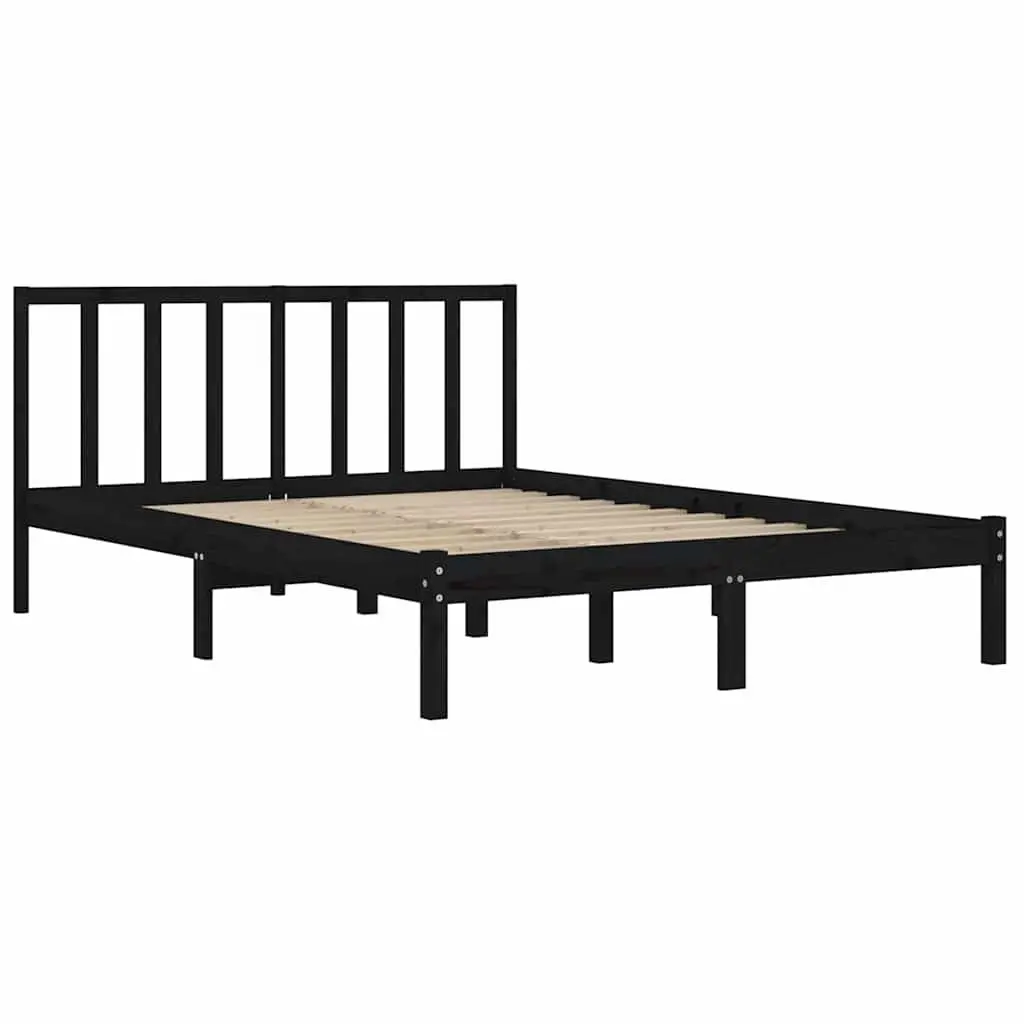 Bed Frame Black 135x190 cm Solid Pine Wood Bedroom Furniture Headboard Support