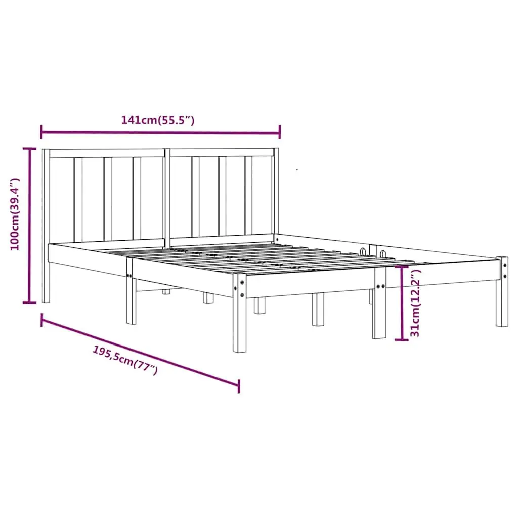 Bed Frame Black 135x190 cm Solid Pine Wood Bedroom Furniture Headboard Support