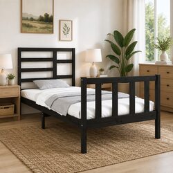 Single Solid Wood Bed Frame 90x190cm with Black Headboard