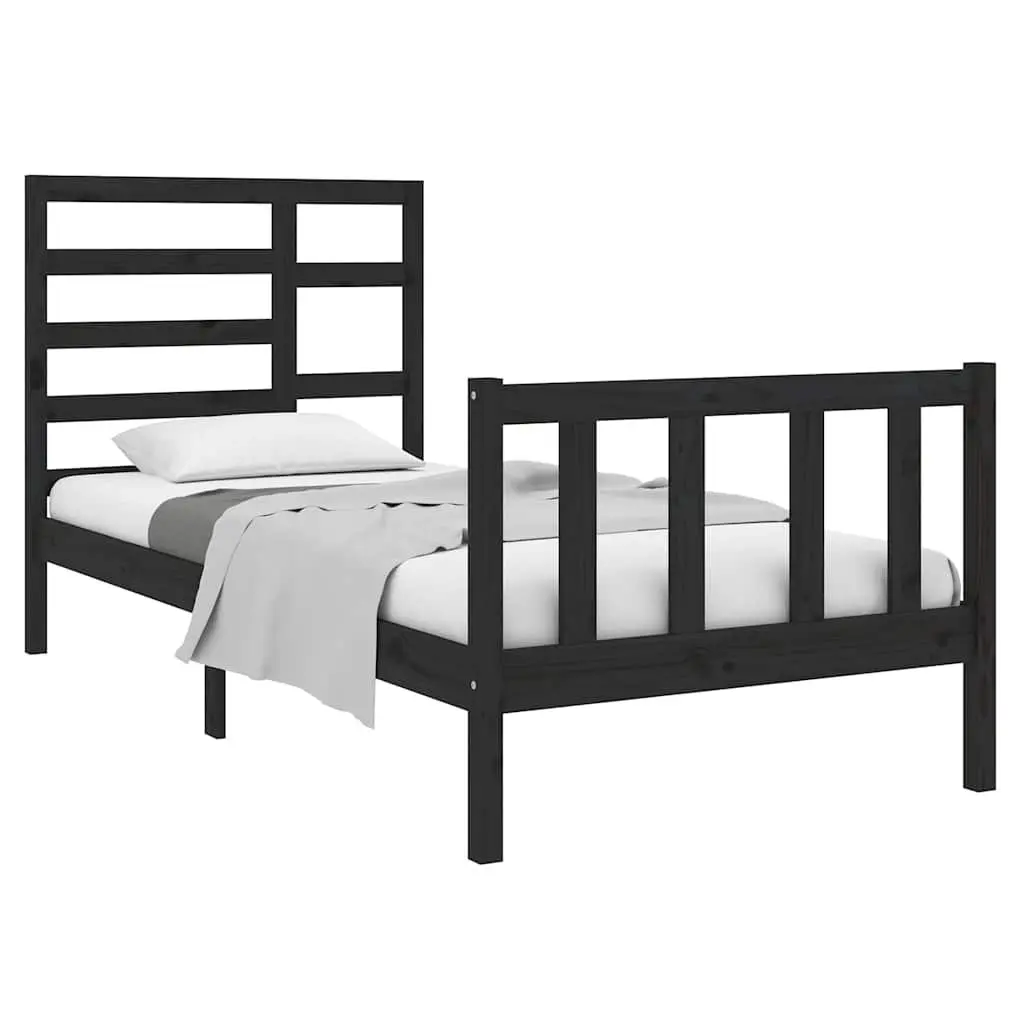 Single Solid Wood Bed Frame 90x190cm with Black Headboard