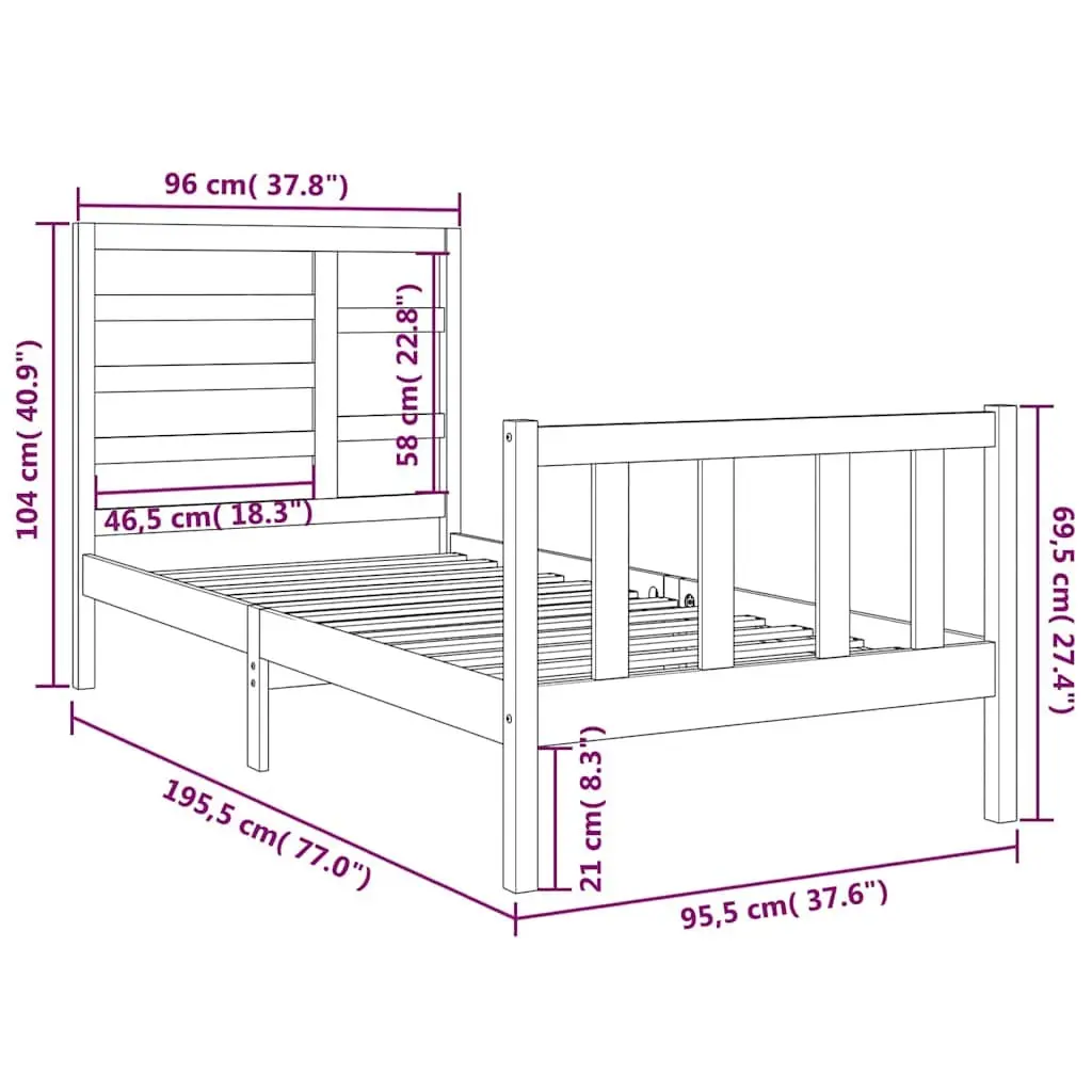Single Solid Wood Bed Frame 90x190cm with Black Headboard