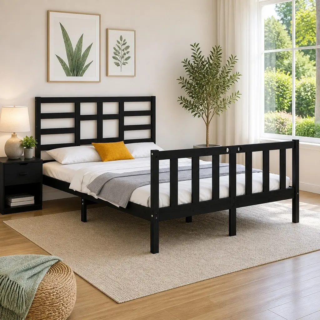 Black Solid Wood Bed Frame 135x190 cm with Headboard