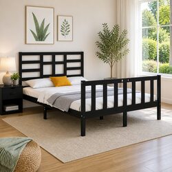 Black Solid Wood Bed Frame 135x190 cm with Headboard