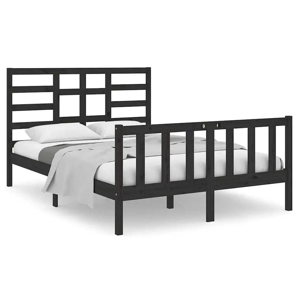 Black Solid Wood Bed Frame 135x190 cm with Headboard
