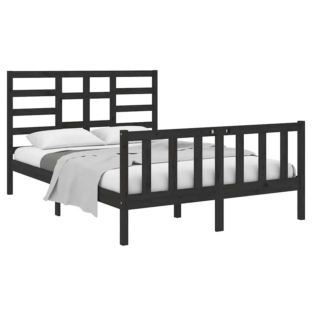 Black Solid Wood Bed Frame 135x190 cm with Headboard