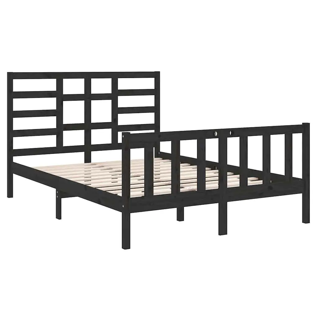 Black Solid Wood Bed Frame 135x190 cm with Headboard