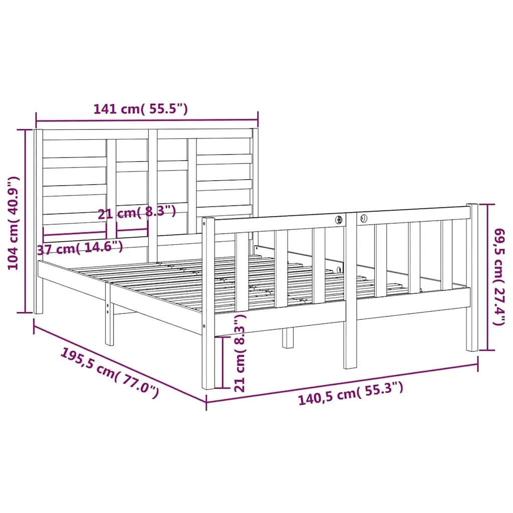 Black Solid Wood Bed Frame 135x190 cm with Headboard
