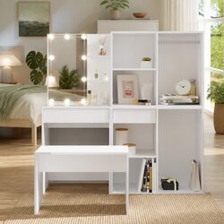 Elegant White Dressing Table Set with LED Mirror