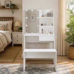 Elegant White Dressing Table Set with LED Mirror