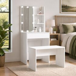 Elegant White Dressing Table Set with LED Mirror
