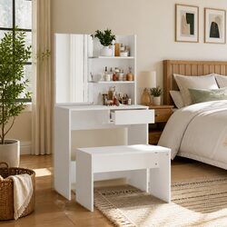 Elegant White Dressing Table Set with Mirror and Stool