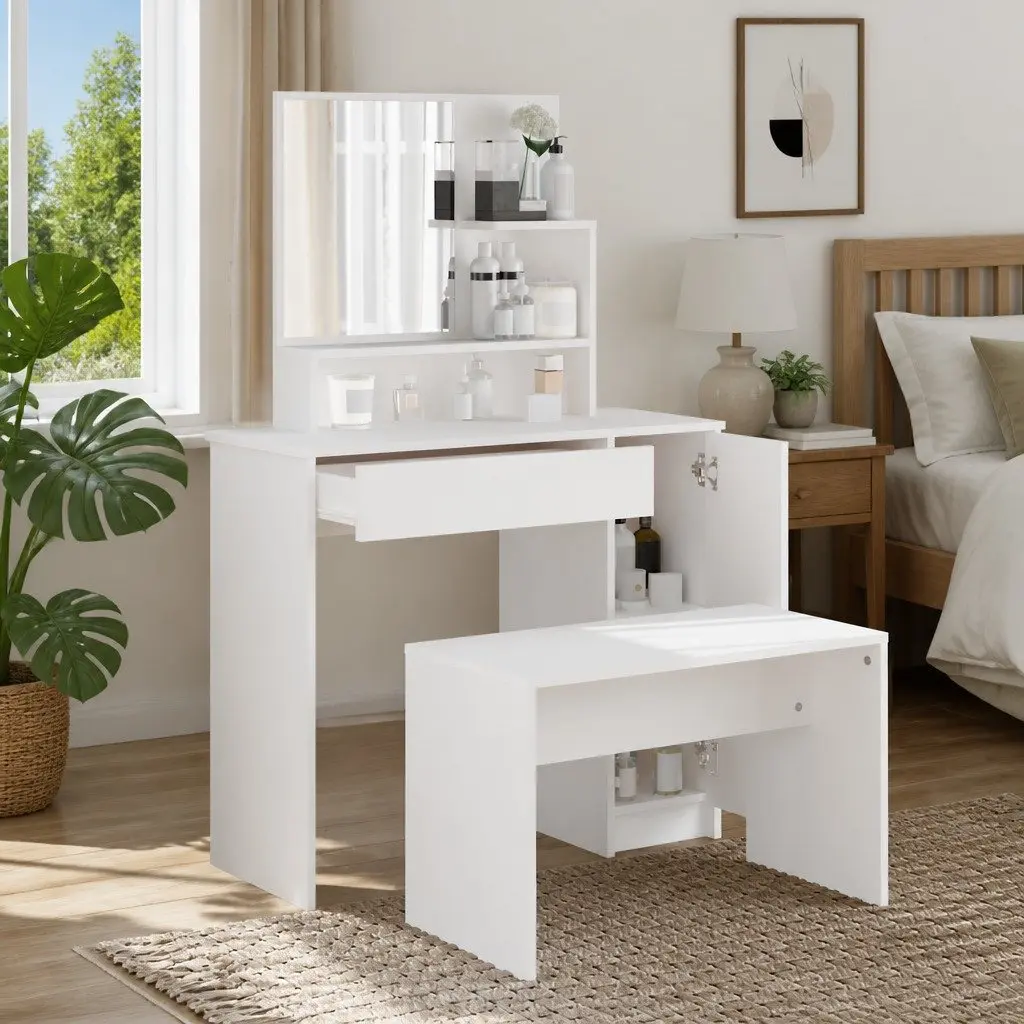 White Dressing Table Set with Mirror and Stool