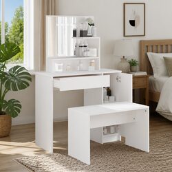 Elegant White Dressing Table Set with Mirror and Stool