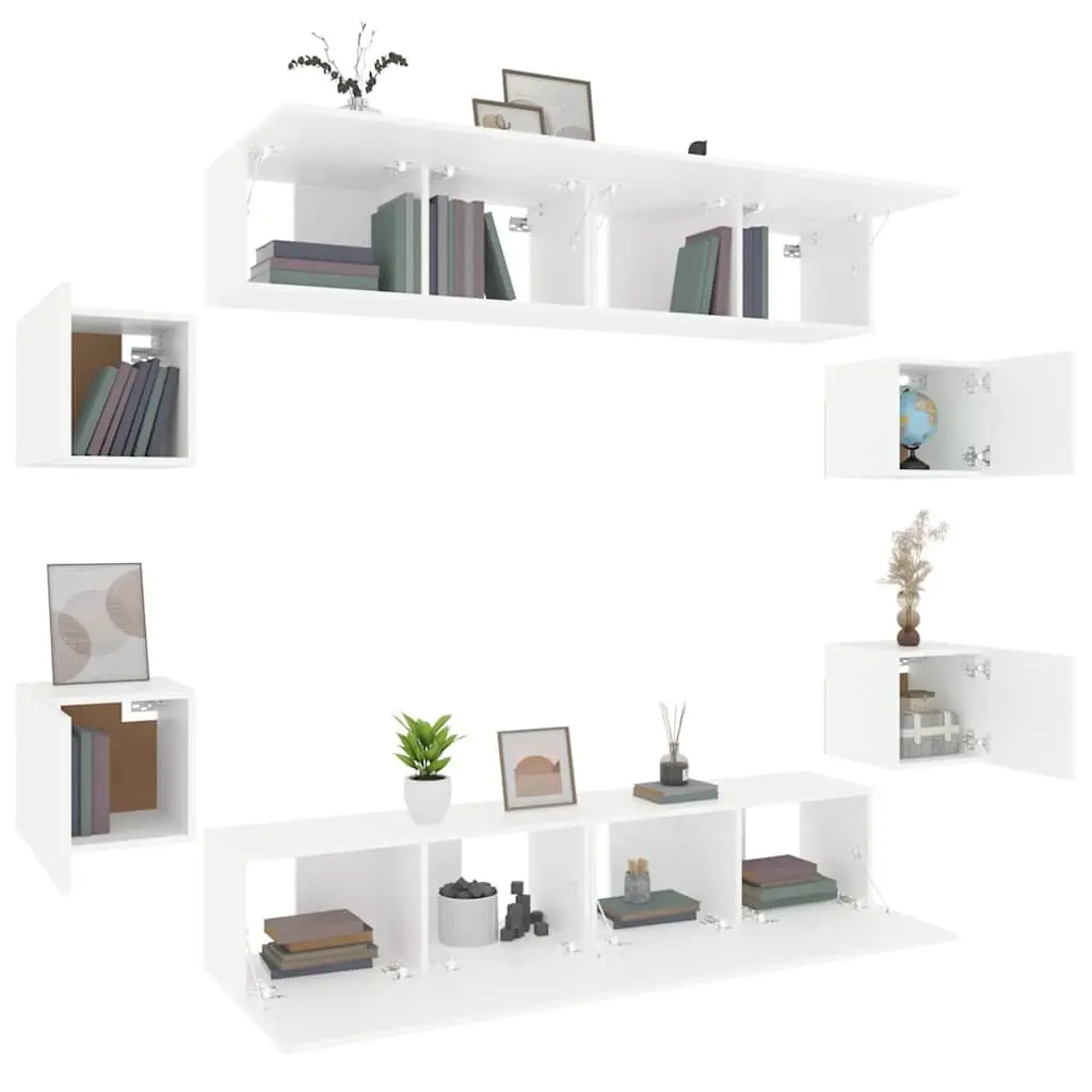 TV Cabinet Set White Wall-Mounted 8 Piece Engineered Wood