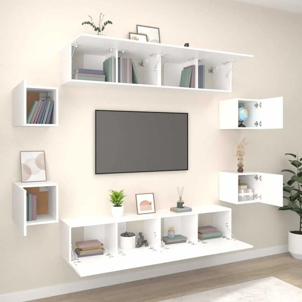 TV Cabinet Set White Wall-Mounted 8 Piece Engineered Wood