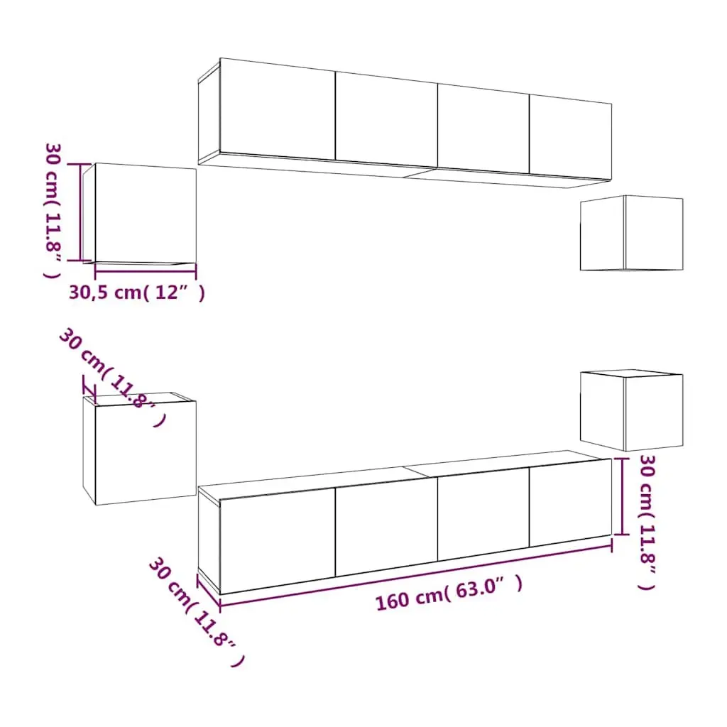 TV Cabinet Set White Wall-Mounted 8 Piece Engineered Wood