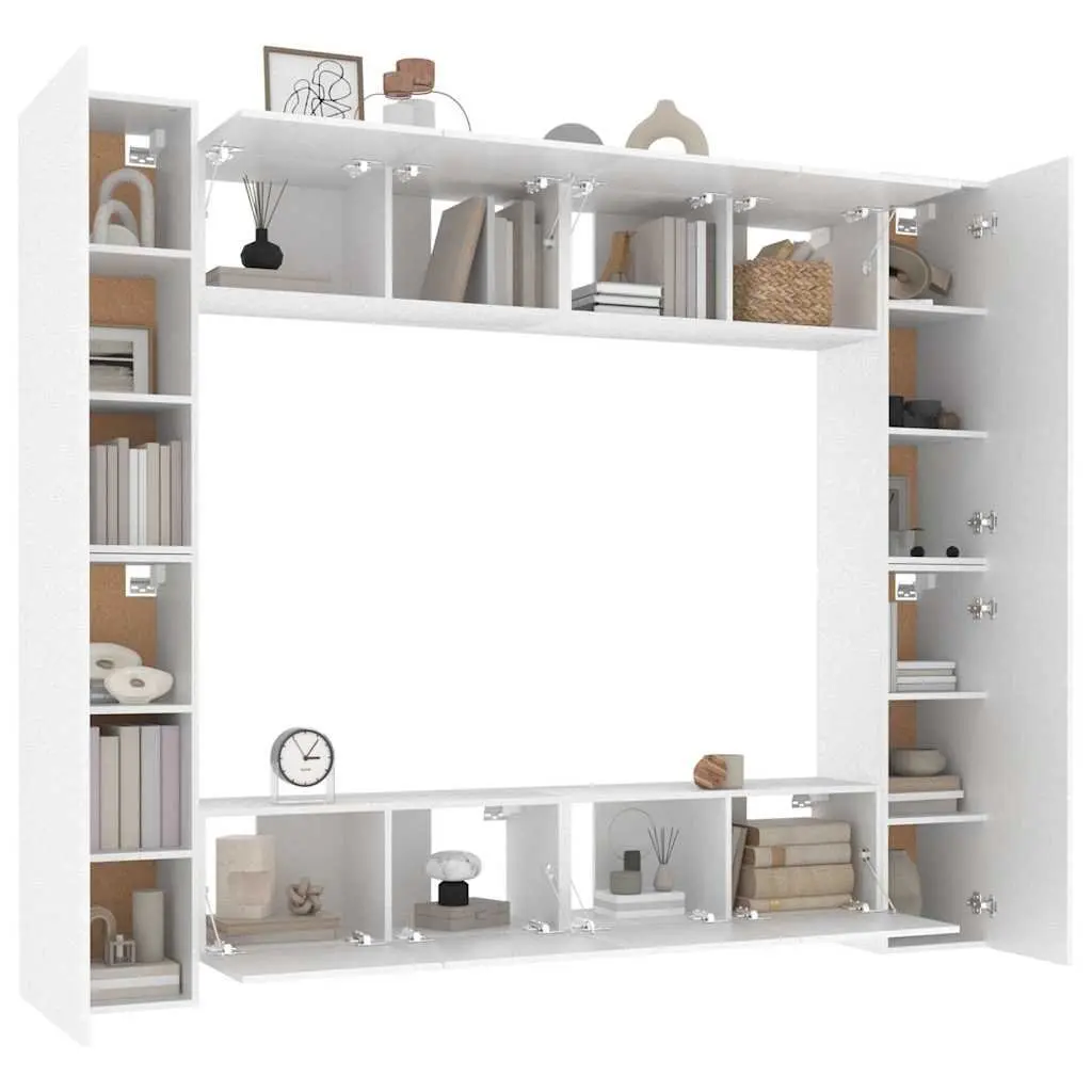 Wall-Mounted TV Storage Unit 8 Piece White Engineered Wood Cabinet Furniture