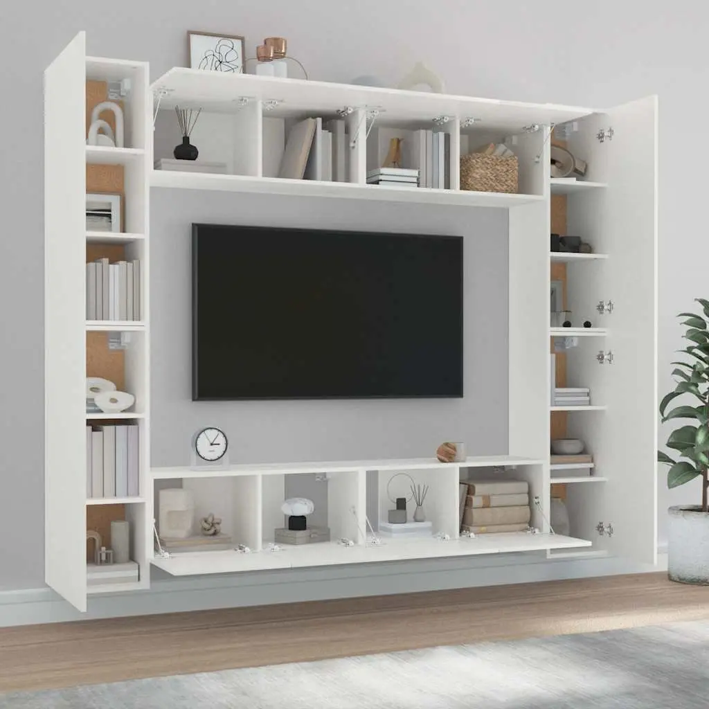 Wall-Mounted TV Storage Unit 8 Piece White Engineered Wood Cabinet Furniture