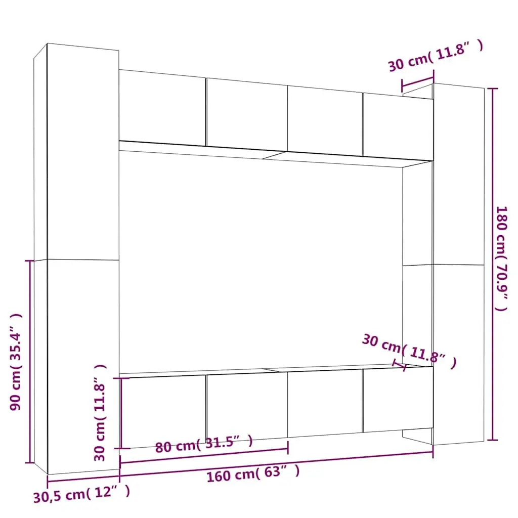 Wall-Mounted TV Storage Unit 8 Piece White Engineered Wood Cabinet Furniture