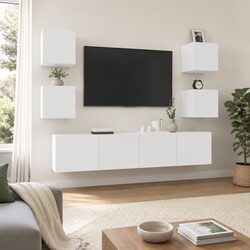 6-Piece White Wall-Mounted TV Cabinet Set