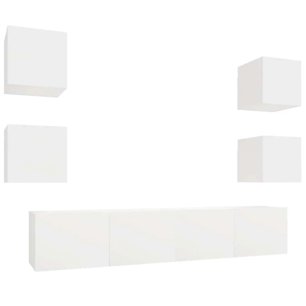 6-Piece White Wall-Mounted TV Cabinet Set
