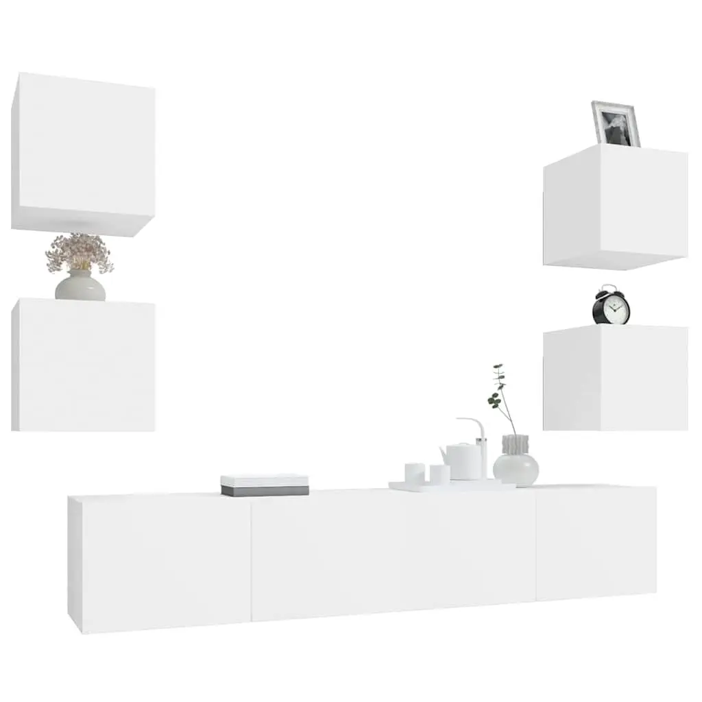 6-Piece White Wall-Mounted TV Cabinet Set