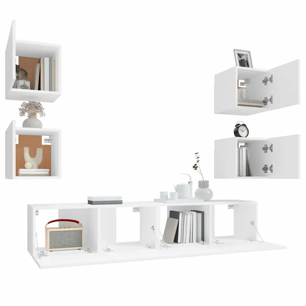 6-Piece White Wall-Mounted TV Cabinet Set