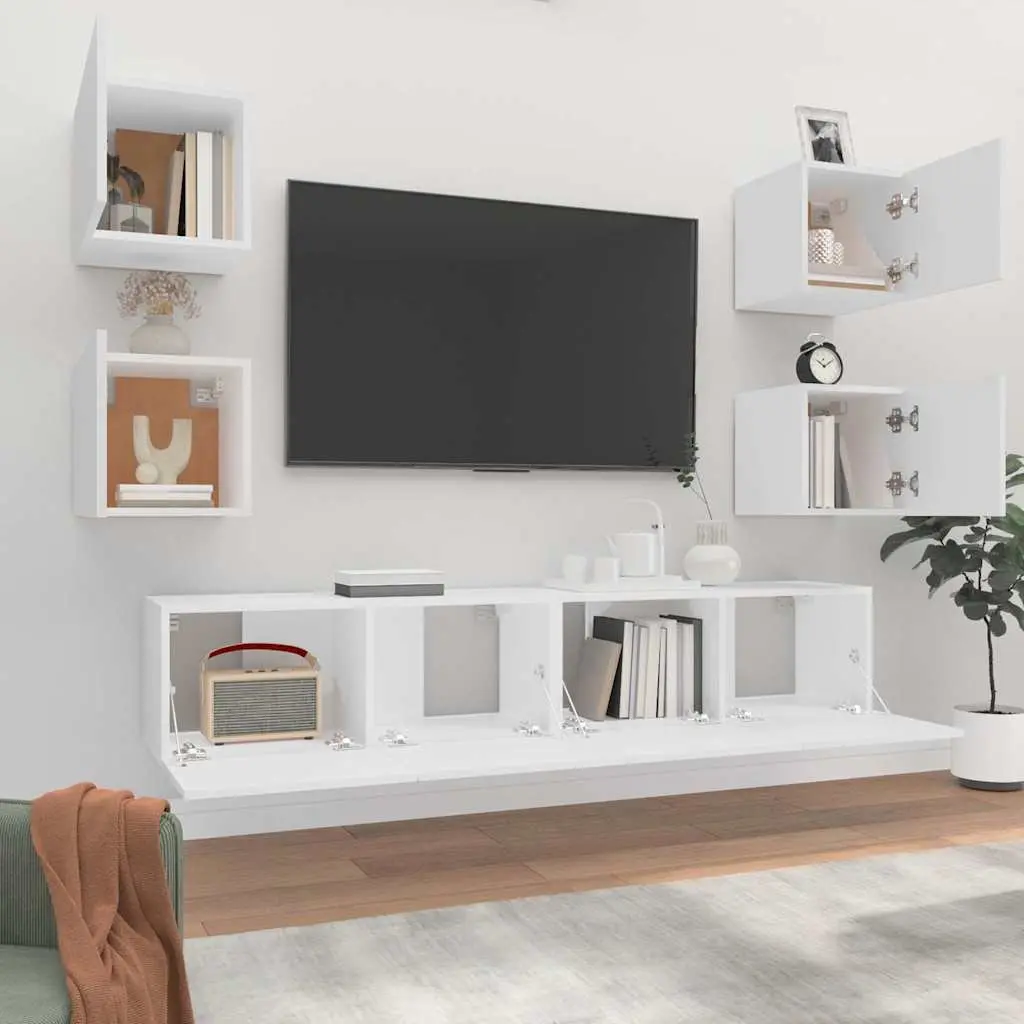 6-Piece White Wall-Mounted TV Cabinet Set