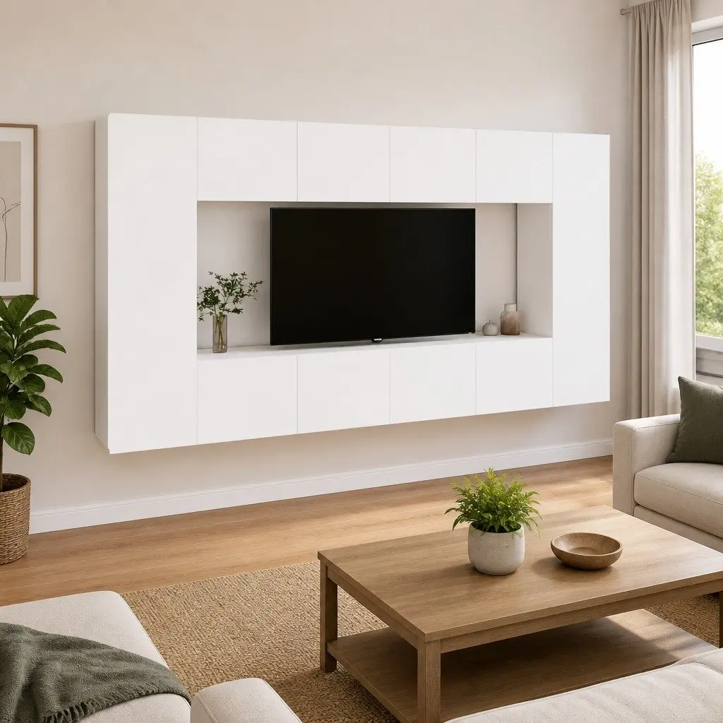 TV Cabinet Set White Wall-Mounted 8 Piece Engineered Wood Furniture