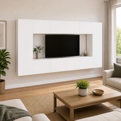8-Piece White Wall-Mounted TV Cabinet Set