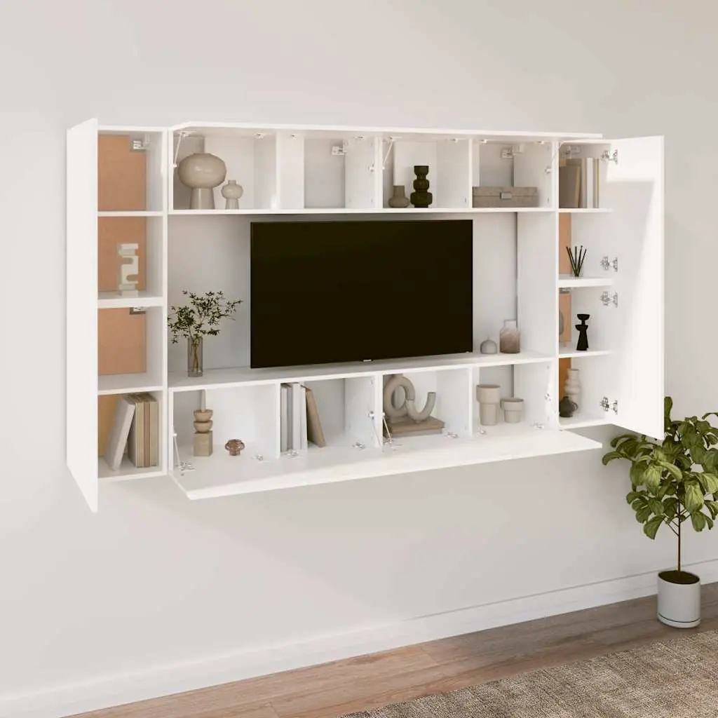 TV Cabinet Set White Wall-Mounted 8 Piece Engineered Wood Furniture