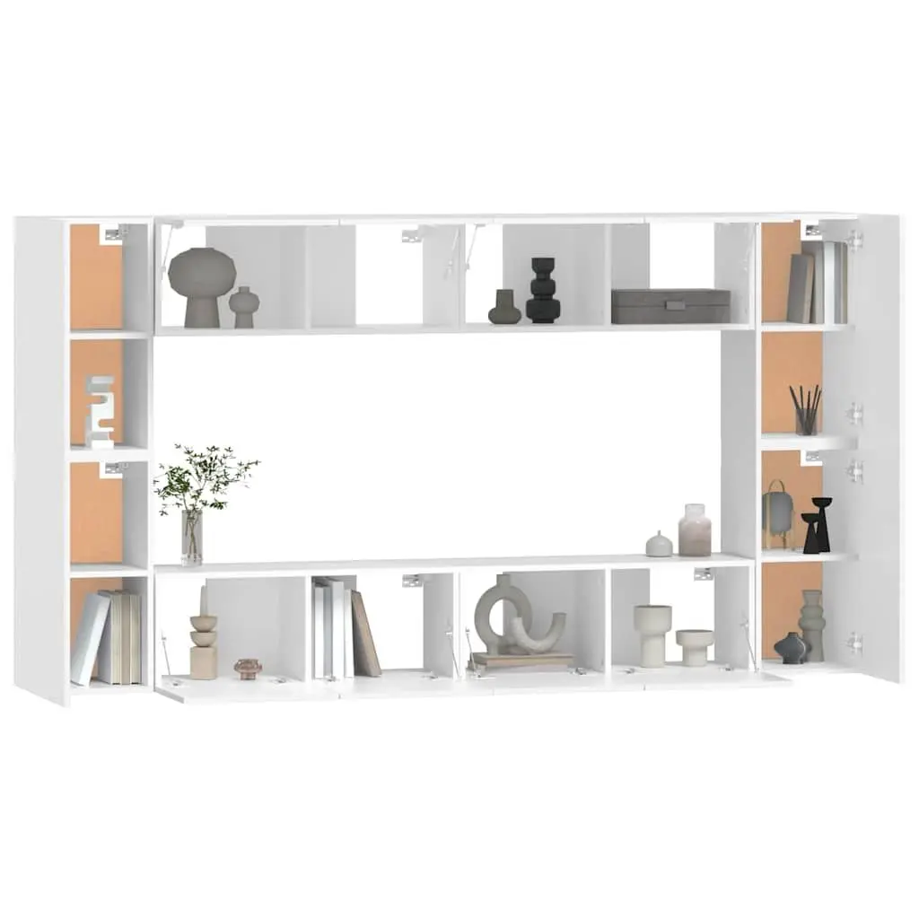 TV Cabinet Set White Wall-Mounted 8 Piece Engineered Wood Furniture