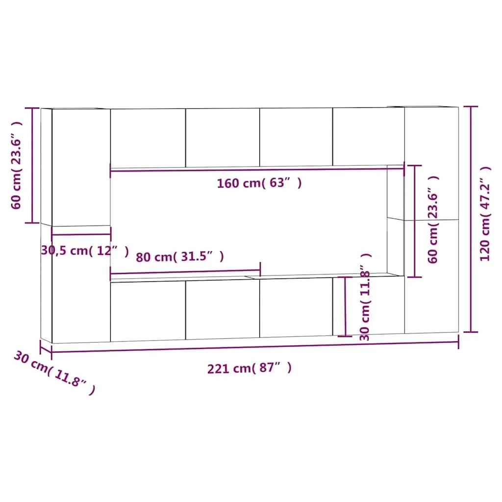 TV Cabinet Set White Wall-Mounted 8 Piece Engineered Wood Furniture