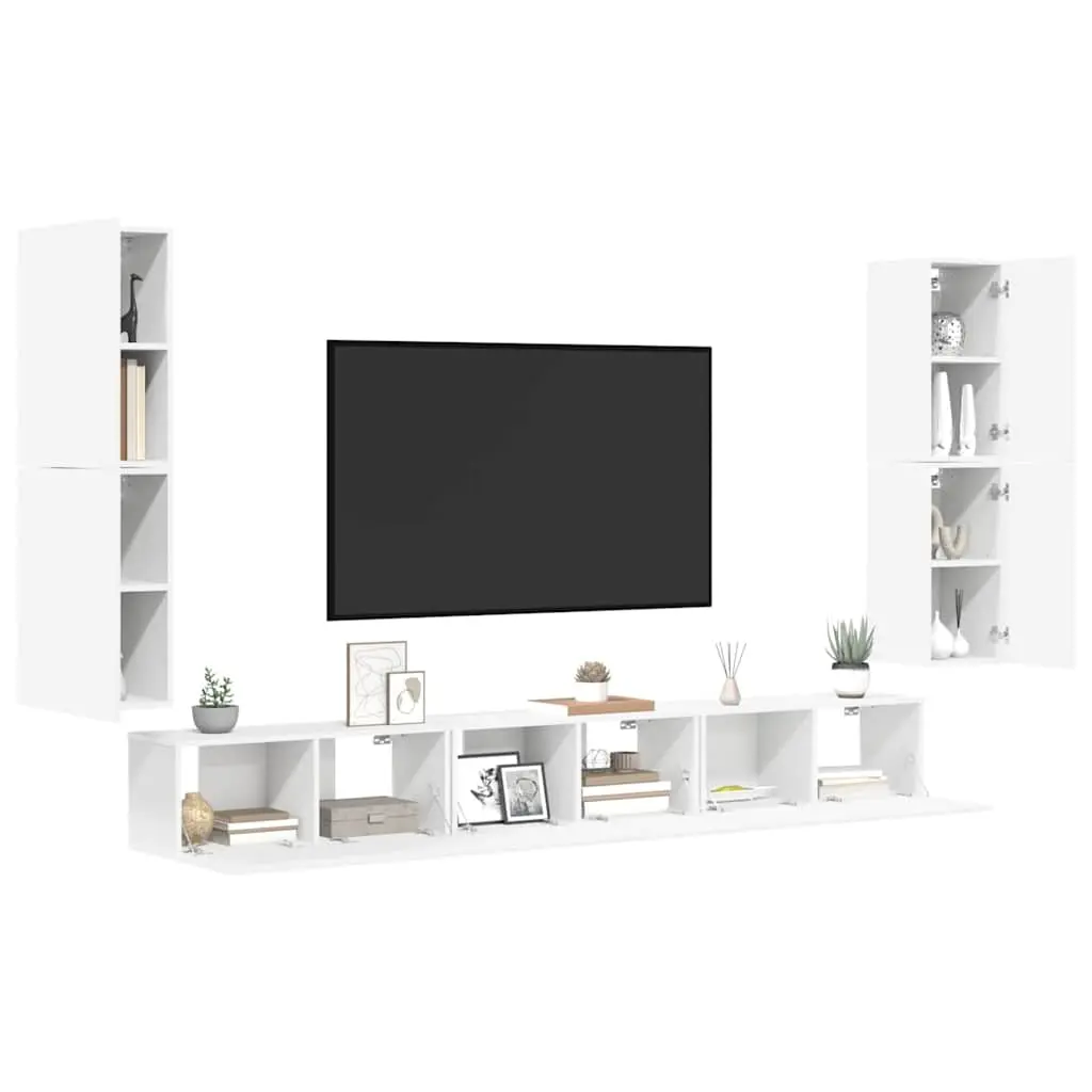 White TV Cabinet Set 7 Piece Wall-Mounted Storage Unit Engineered Wood Design