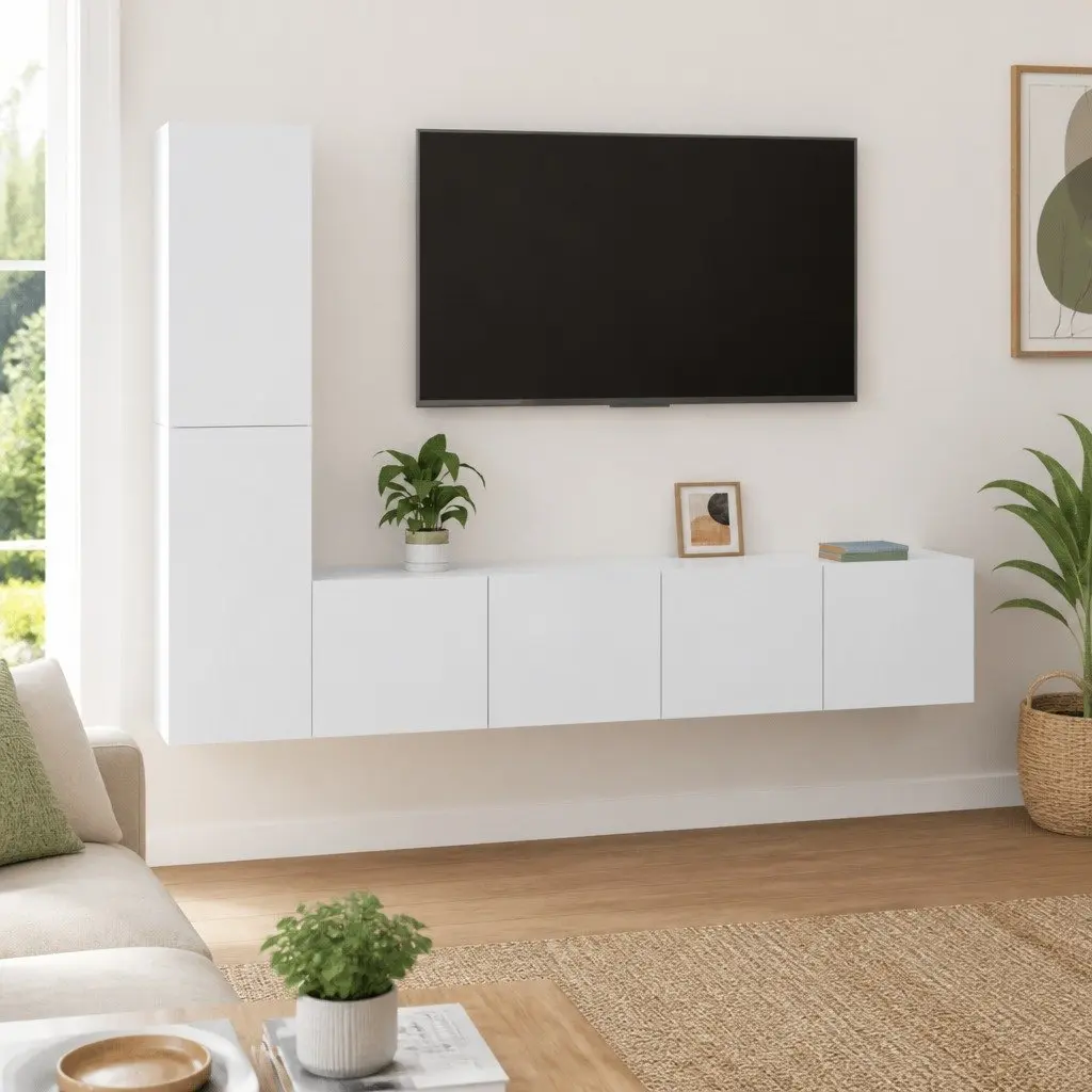 TV Cabinet Set 4 Piece White Wall Mounted Storage Unit Media Organiser