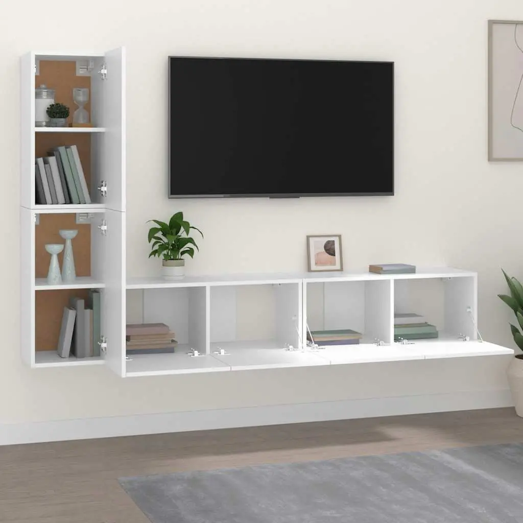 TV Cabinet Set 4 Piece White Wall Mounted Storage Unit Media Organiser