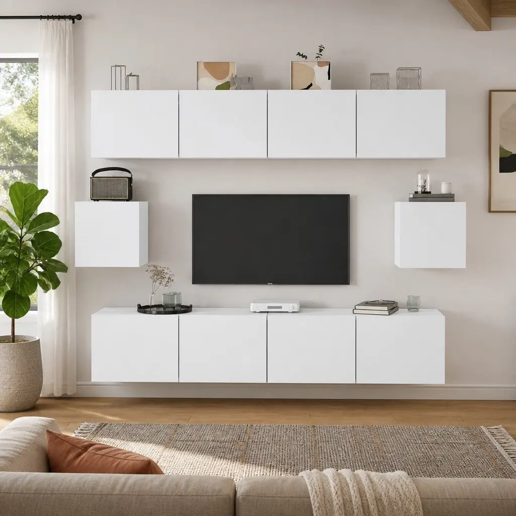 TV Cabinet Set White Wall-Mounted 6 Piece Engineered Wood Media Storage Unit