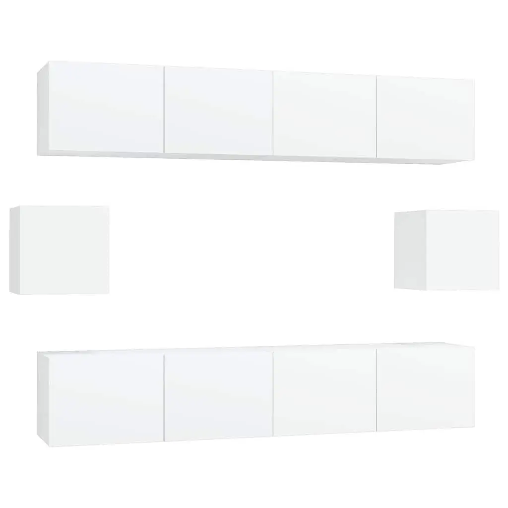 TV Cabinet Set White Wall-Mounted 6 Piece Engineered Wood Media Storage Unit