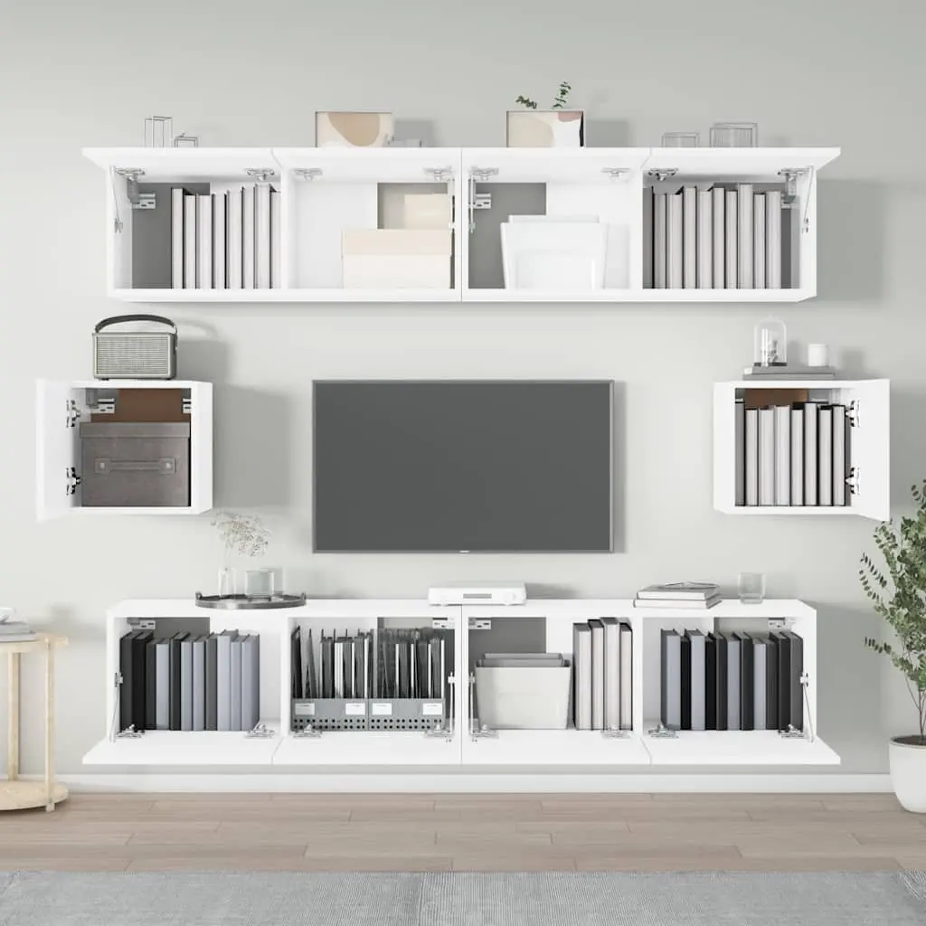 TV Cabinet Set White Wall-Mounted 6 Piece Engineered Wood Media Storage Unit
