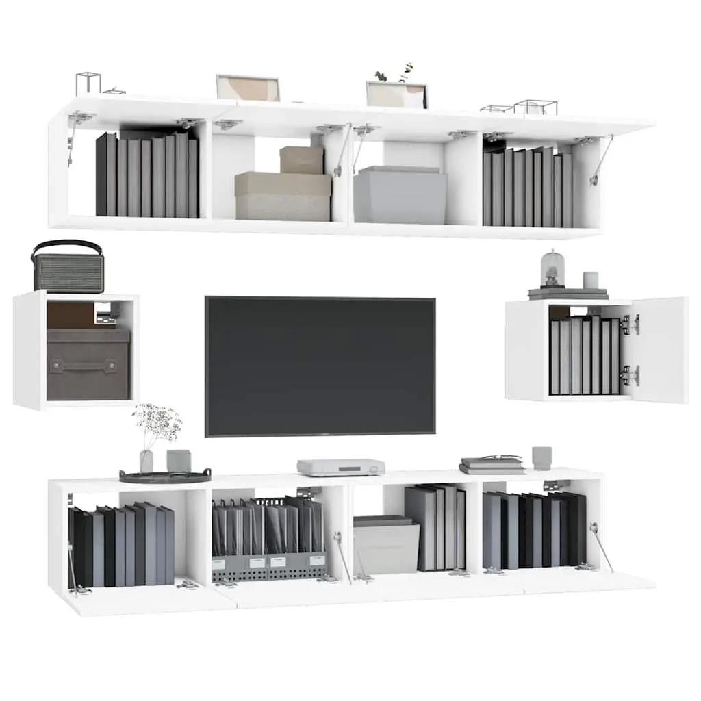 TV Cabinet Set White Wall-Mounted 6 Piece Engineered Wood Media Storage Unit